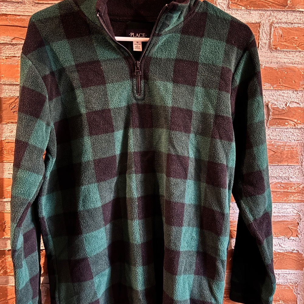 Place kid XXL Green and Black Buffalo Plaid Zip-Up Sweater